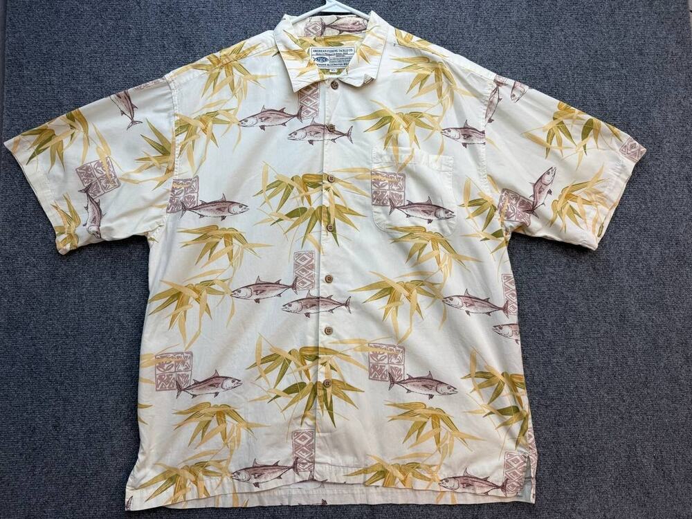 AFTCO Men’s Hawaiian Shirt XL Fish Bamboo Print 100% Cotton Short Sleeve